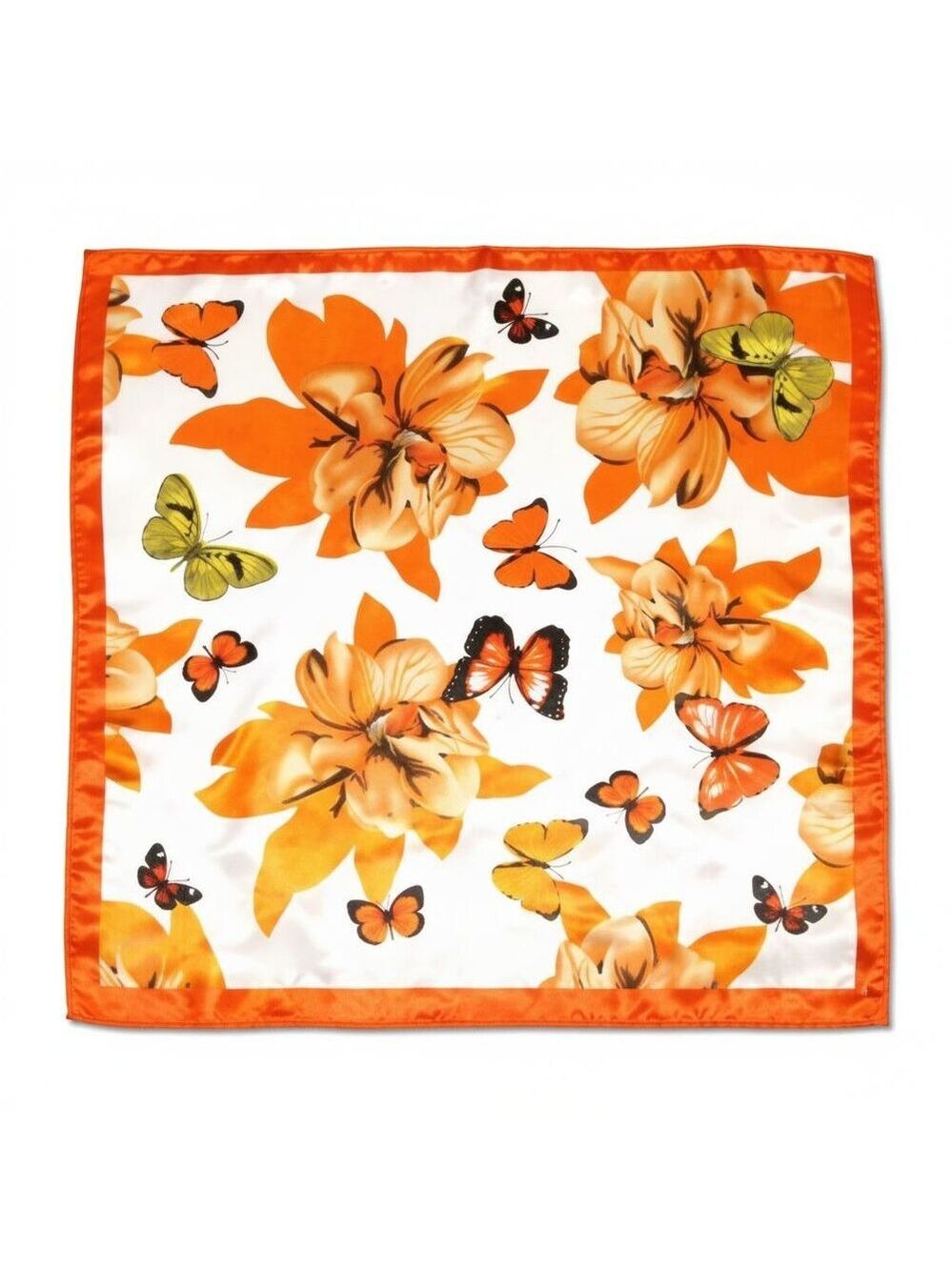 Orange Butterfly Floral Satin Scarf 20x20 Women's Hair Neck Head Scarf